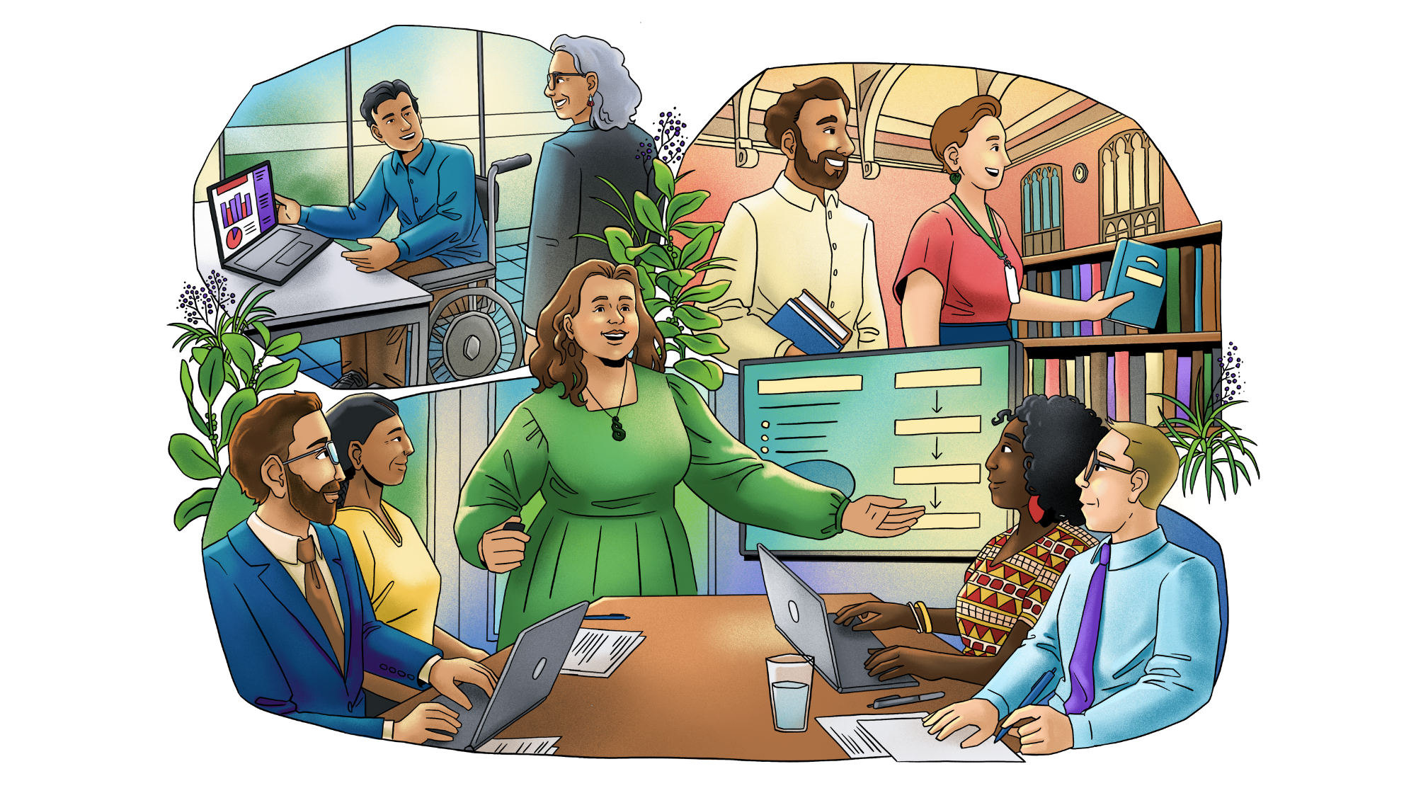 Illustrated scene showing public sector work: A person working at a computer, others working in the parliamentary library, a team meeting around a table with laptops with a presenter pointing to a screen with charts.