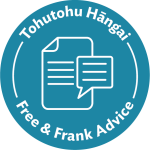 Blue circular icon with a paper and speech bubble symbol. The text 'Tohutohu Hāngai' is above the symbol and 'Free and Frank Advice' below.