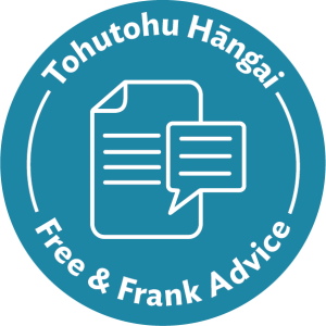 Blue circular icon with a paper and speech bubble symbol. The text ‘Tohutohu Hāngai’ is above the symbol and ‘Free and Frank Advice’ below.
