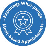 Blue circular icon with a ribbon badge symbol. The text 'Kopounga Whai-painga' is above the symbol and 'Merit-based Appointments' below.