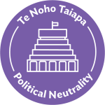 Purple circular icon with a New Zealand Parliament (The Beehive) symbol. The text 'Te Noho Taipa' is above the symbol and 'Political Neutrality' below.