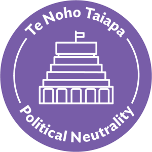 Purple circular icon with a New Zealand Parliament (The Beehive) symbol. The text ‘Te Noho Taipa’ is above the symbol and ‘Political Neutrality’ below.