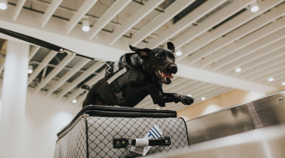 Black dog jumping over a suitcase on an airport luggage conveyor belt