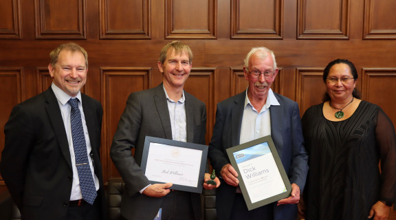 Dep Sec Kelvin Watson, Secretary for Justice Andrew Kibblewhite, Dick Williams, and Minister for Courts, the Hon Nicole McKee standing side by side