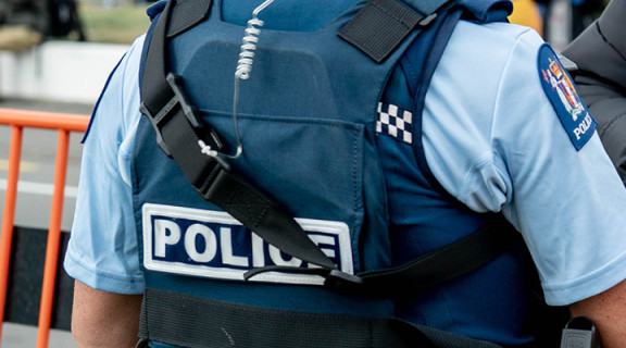 Police officer in uniform with their back facing the camera