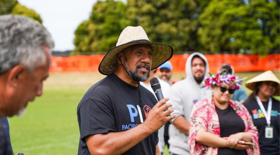 Ezra Schuster speaking at a mental health engagement event in Tauranga Moana