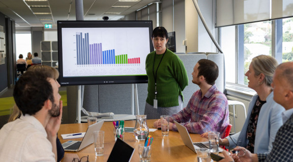 Woman presenting a graph to a group of people sitting around an office table