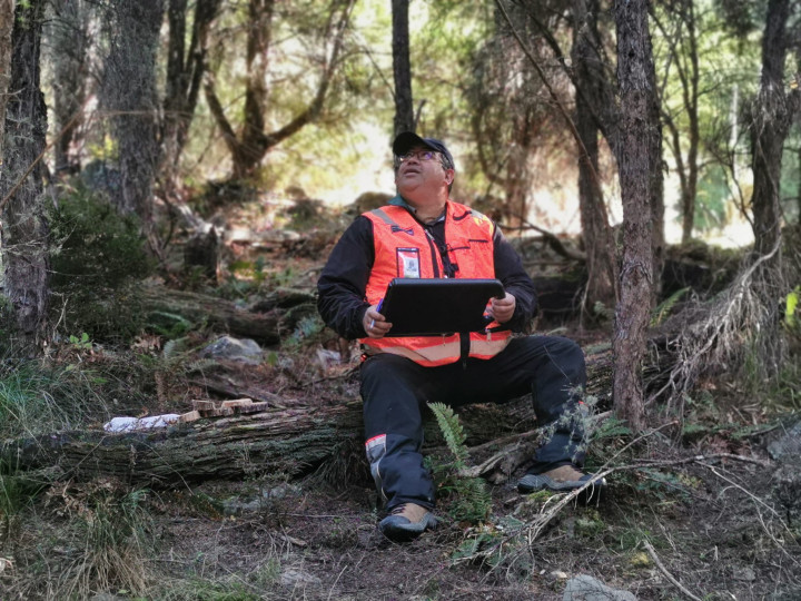 Man sitting amongst trees wearing a high vis vest and carrying a electronic device