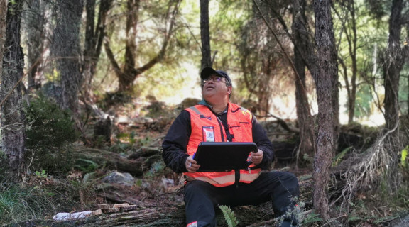 Man sitting amongst trees wearing a high vis vest and carrying a electronic device