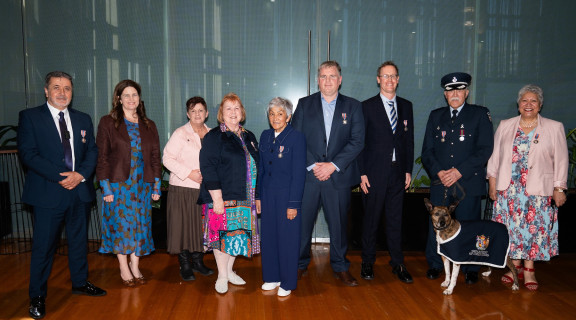 The 2024 recipients of the New Zealand Public Service Medal side-by-side looking at the camera
