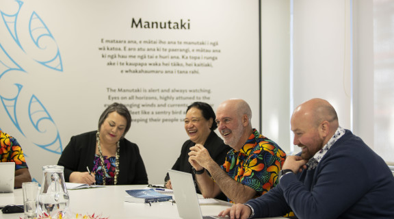 Te Kawa Mataaho Public Service Fale meeting discussion Manutaki wall graphic