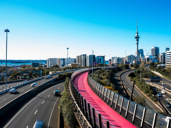 Auckland motorway and cycleway with Sky Tower in the distance