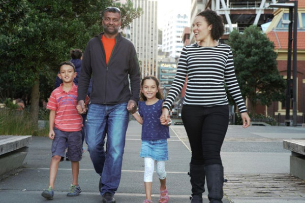 a family walks together through the City