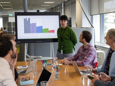 Woman presenting a graph to a group of people sitting around an office table